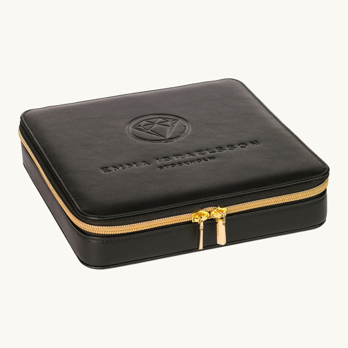 Black jewelry box with gold zipper