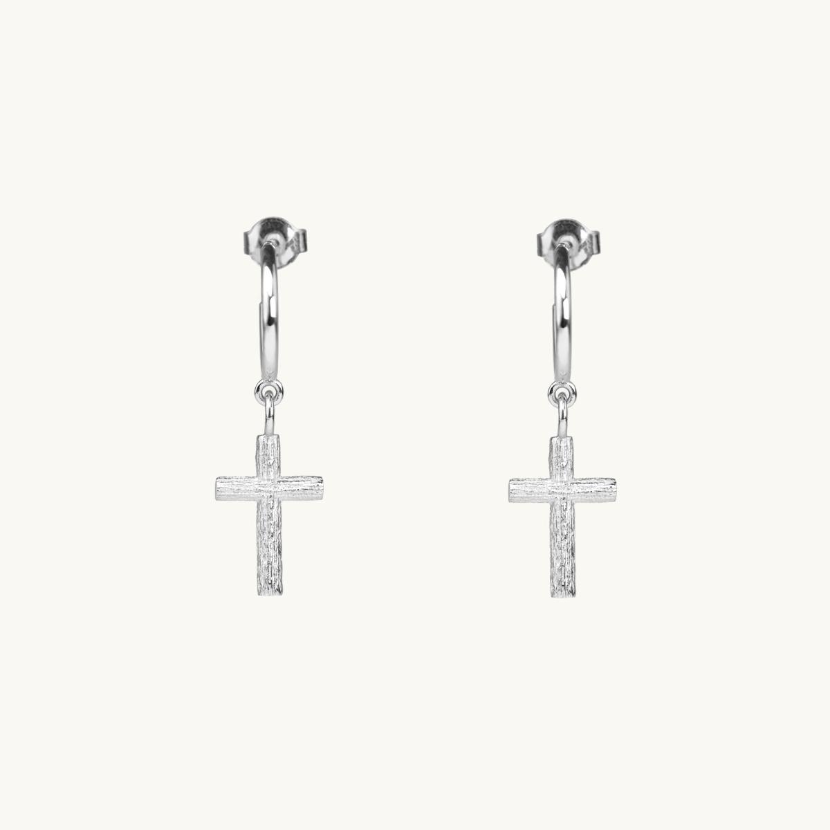 Cross earrings on hoop in silver