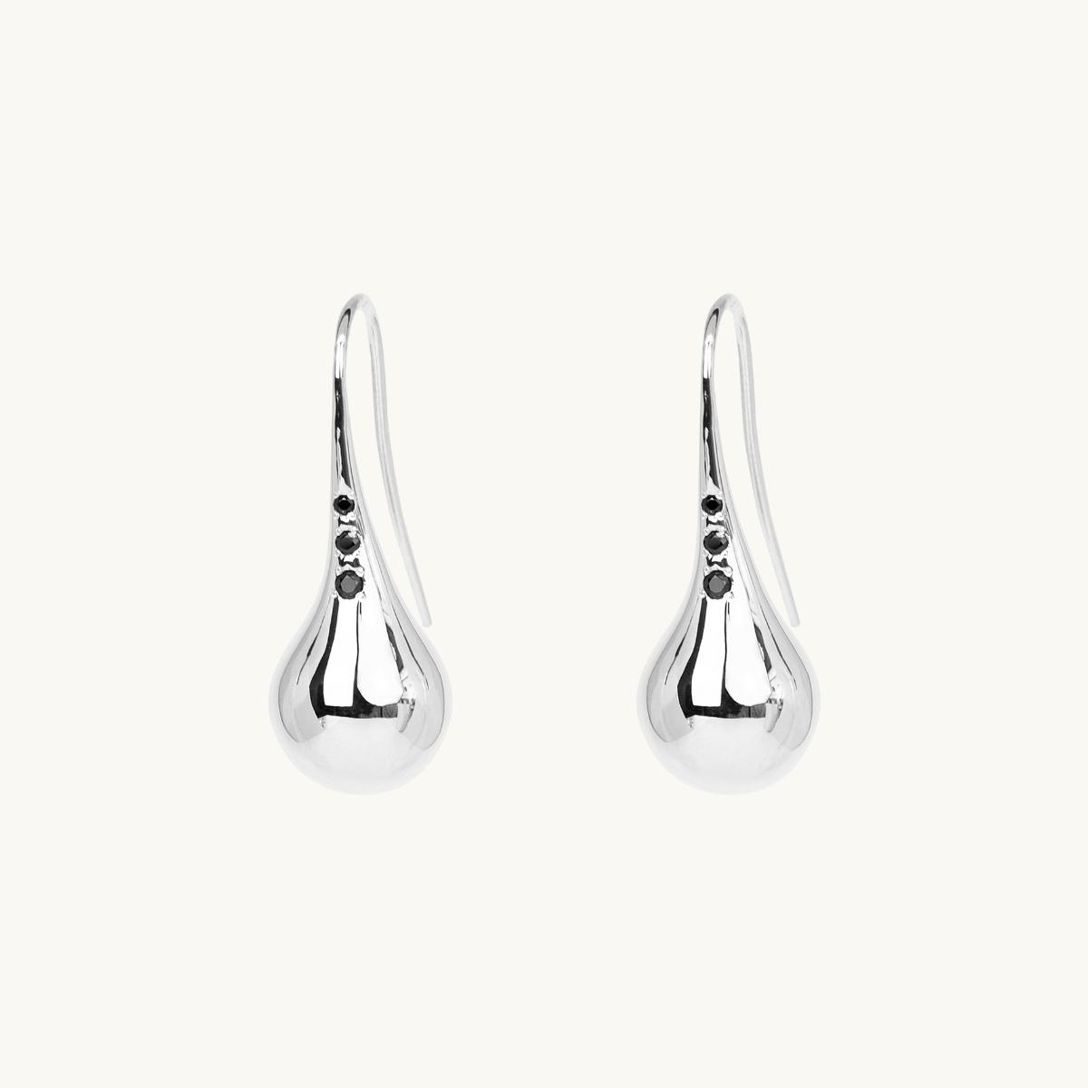 Earrings on hooks with black diamonds, stones, drop, globe, 925 sterling silver