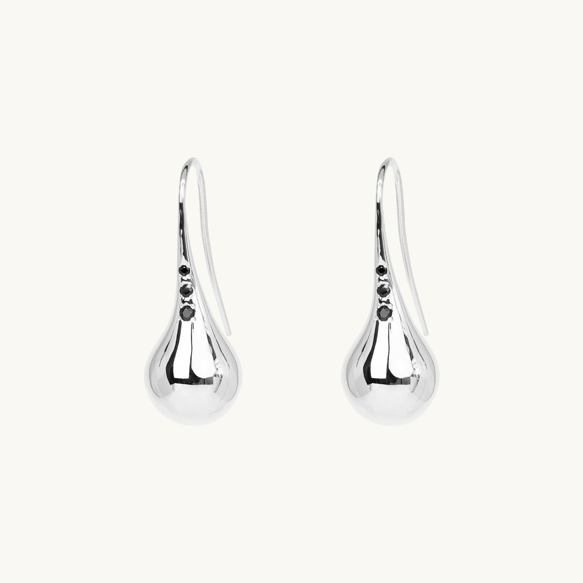 Polished earrings on hooks with black diamonds, stones, drop, globe, 925 sterling silver