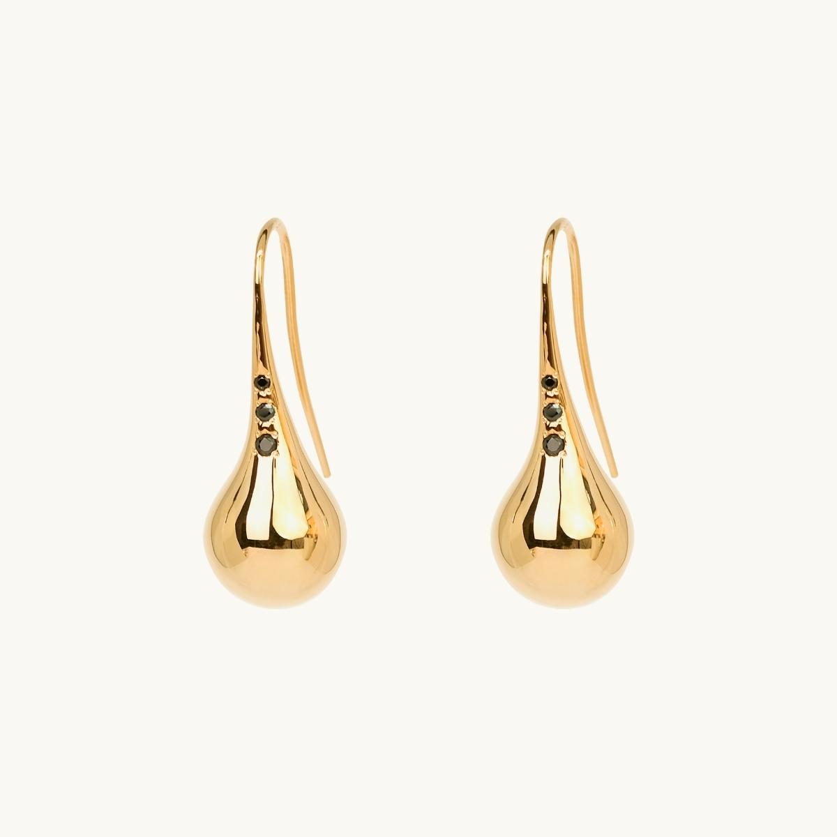 Earrings on hooks with black diamonds, stones, drop, globe, gold plated brass