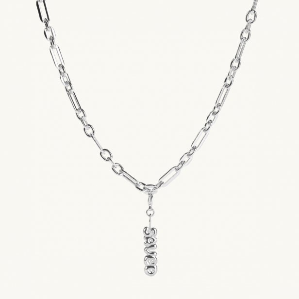 Silver necklace with the word saved 