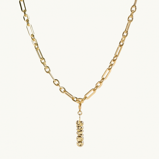 Silver necklace with the word saved 