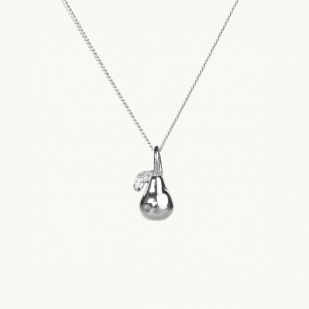 A silver necklace with a pendant in shape of a pear