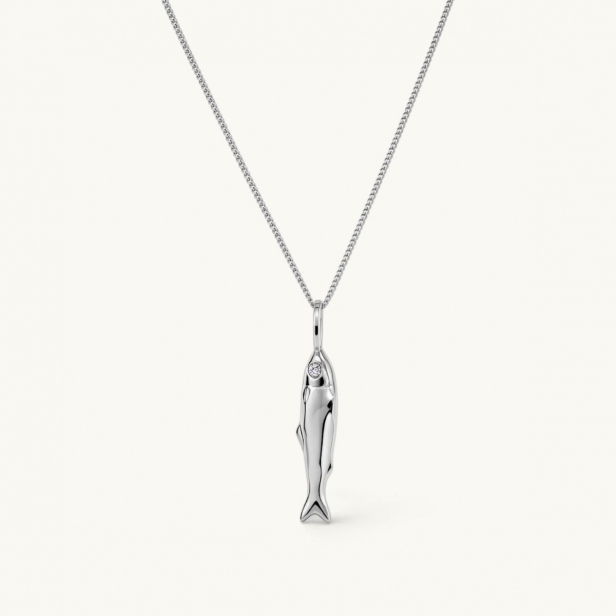 Silver necklace featuring a fish-shaped pendant with white CZ stone eyes.