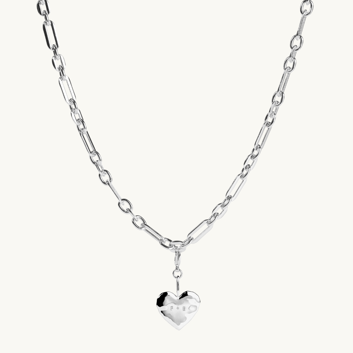 Organic name heart on a chunky chain in sterling silver.