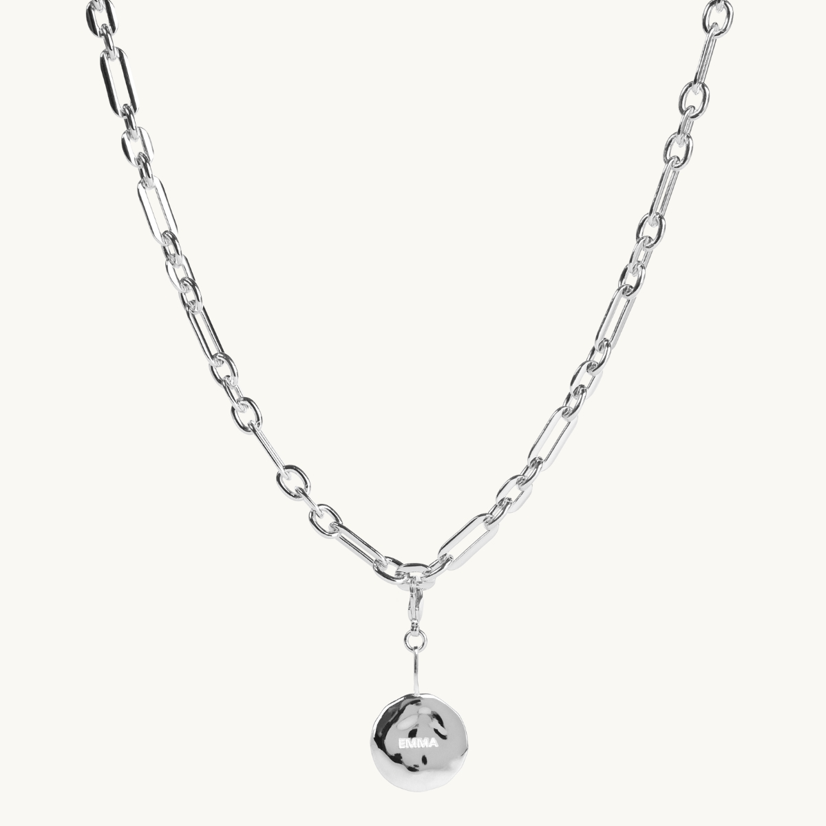 chunky chain with a organic engraved coin in sterling silver