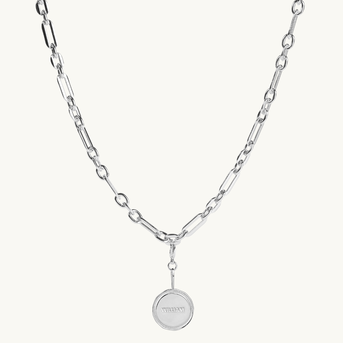 chunky chain with a wreath engraved coin in sterling silver