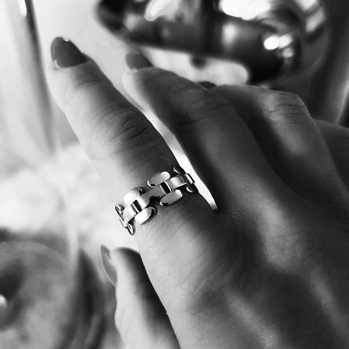 Silver ring with small rectangular links