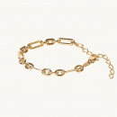 A bracelet in gold with oval hollow rings that hooks into each other