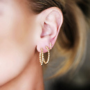 Combination earrings on model, globe hoops and cross pin
