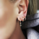 Combination earrings on ear, small dove on hoop, link, plain ring