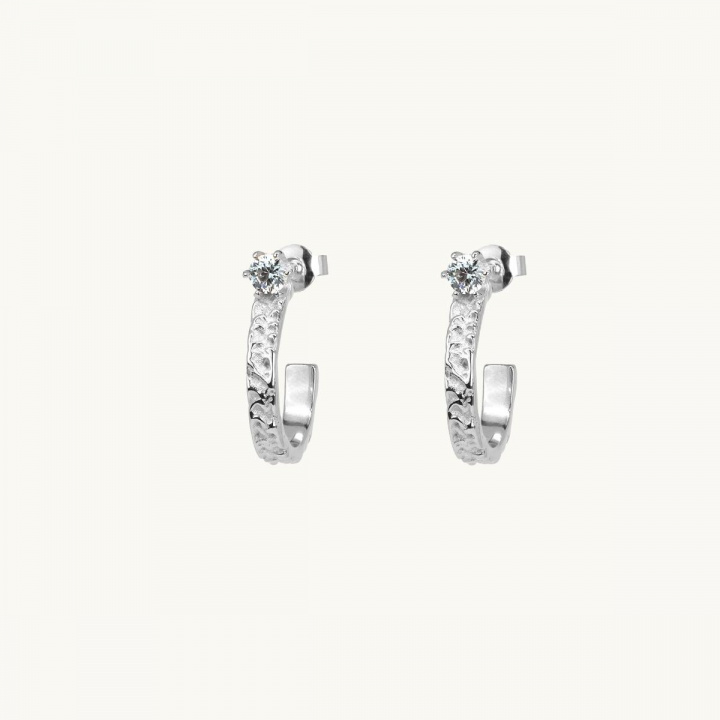 Hoops in sterling silver, small white diamond, princess, patterned