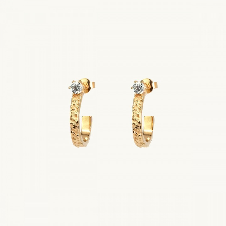 Hoops in gold plated brass, small white diamond, princess, patterned