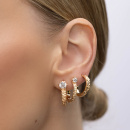 Gold earring hoop, white small diamond on ear