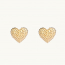 Pin earrings in gold in a shape of a heart with dots. 