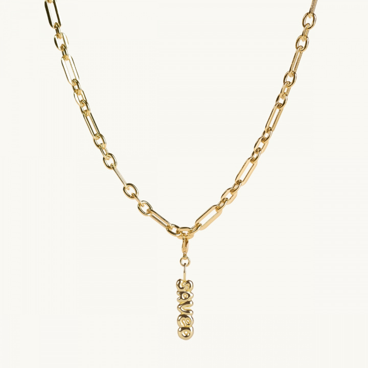 Silver necklace with the word saved 