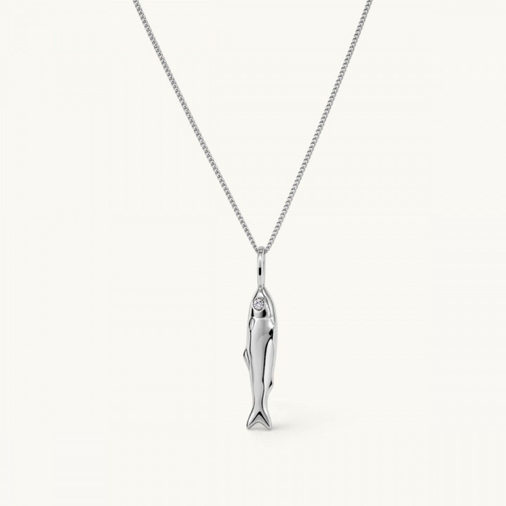Silver necklace featuring a fish-shaped pendant with white CZ stone eyes.