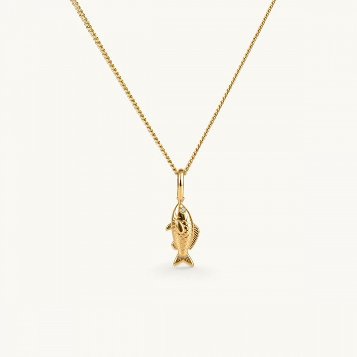 Necklace with a gold colored fish pendant hanging from a chain. The pendant features detailed craftsmanship that captures the fish’s shape and texture. The eyes are set with white CZ stones.