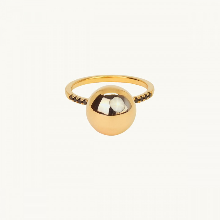 Gold plated ring with black cz stones and globe